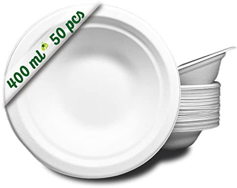 GoBeTree 50 Zuckerrohr Pappschalen 400ml, Einweg Schüsseln, Suppenschalen, Pappschüsseln, Biologisch abbaubare Suppenschüssel Partygeschirr Hochzeit Picknick