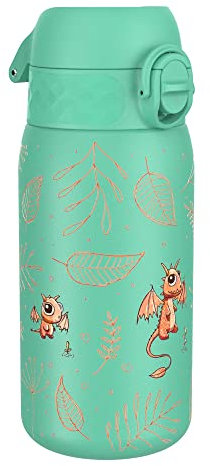 ION8 Kinder Trinkflasche, Edelstahl Leicht 400ml, Nicht Isoliert, Auslaufsicher, Einhandöffnung, Sichere Verriegelung, Spülmaschinenfest, Klappdeckel, Leicht zu Reinigen, Ei Zum Drachen