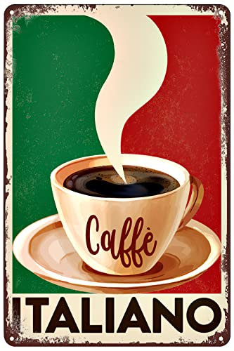 Vintage Metal Signs Italian Coffee Tin Sign Italiano Caffe Italy Flag Background Poster Wall Art Decor Plaque for Home Kitchen Bar Pub Cafe Club Office Shop Restaurant Garage Gift 8x12 inch