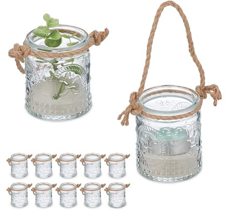 Relaxdays Portavelas, Set 12, Tarro con Asa, Interior y Exterior, 7 x 6 cm, Porta Velas Té Bodas, Transparente/Marrón, Fibra Vegetal