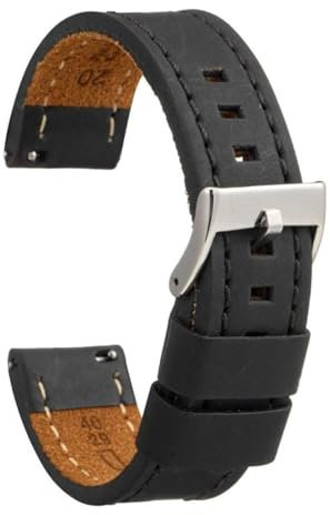 diloy Vintage Uhrenarmband gewachstes Leder mit weißer Naht – Handgefertigt für Sport- oder klassische Uhren – Größen 18mm 20mm 22mm 24mm 26mm – Braun oder Schwarz 384 Schwarz 24mm