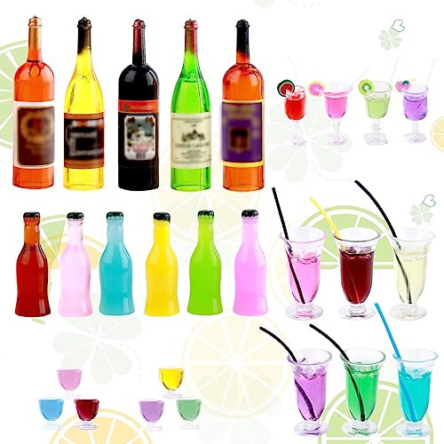 Giantree Lot de 27 accessoires de maison de poupée, bouteilles de vin miniatures et verres miniatures - Mini verres à cocktail - Mini bouteilles de champagne colorées - Pour fête d'anniversaire
