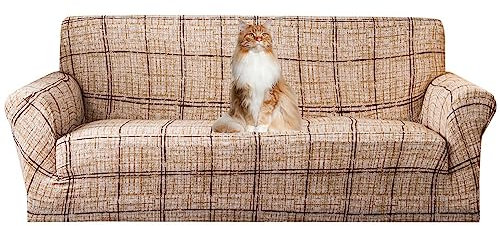 Hearda Sofabezug Stretch 1 2 3 4 Sitzer, Elastische Antirutsch Couchbezug Waschbar Universal Weich Sofaüberwurf für Sofaüberwurf Möbelschutz (Khaki-Karo,3 Plätze)