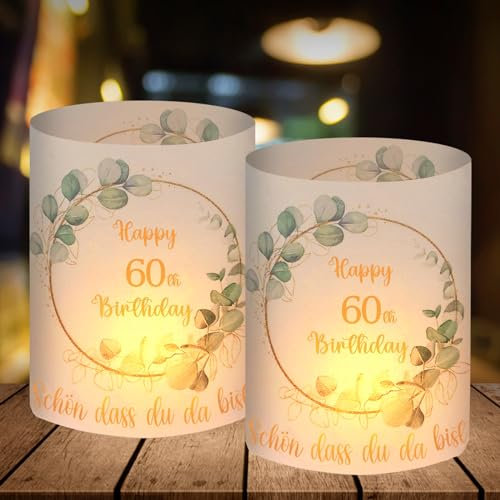 12 Windlicht Tischdeko 60 Geburtstag, Deko 60 Geburtstag Mann Frau, 60 Jahre Happy Birthday Tischdeko, Happy 60th Birthday, Geeignet für Teelichter oder Kerzen
