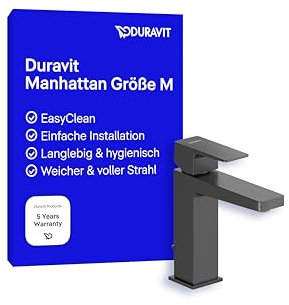Duravit Manhattan wassersparende Waschtischarmatur, Größe M (Auslauf Höhe 116 mm), Wasserhahn Bad mit Zugstangen-Ablaufgarnitur, Armatur Waschbecken, Schwarz Matt