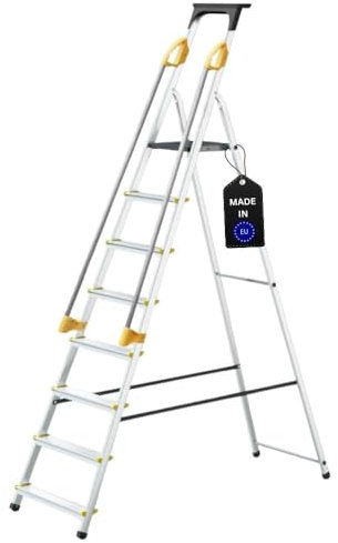 PROREGAL Stufenstehleiter Atlas mit Werkzeugablage & Handlauf | einseitig begehbar | 8 Stufen | Arbeitshöhe 3,62m | Traglast 150kg | Alu Leiter Vielzweckleiter Klappleiter Arbeitsleiter