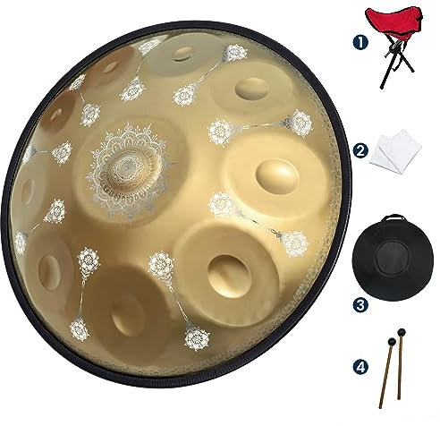 GLADFRESIT 432hz Handpan Drum 10 notes 22inch Sun Gold in D Kurd Minor with handpan stand, handpan case, durable mallets and dust-free clot