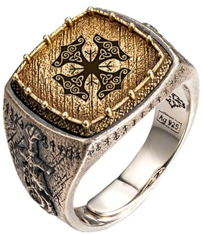 Thor's Hammer Mjolnir Ring for Men Two Tone 925 Sterling Silver Viking Runes Dragon Sword Ring Norse Jewellery Size V 1/2 Adjustable