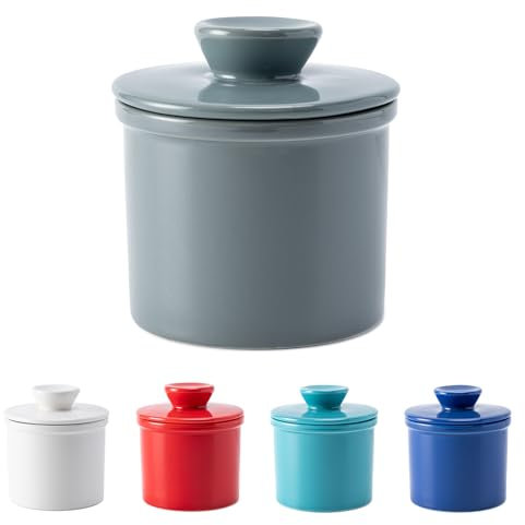 Husfunov Burriera con linea d'acqua per piano di lavoro, burriera francese con coperchio, in ceramica, per burro fresco spalmabile, contenitore per burro per cucina e decorazione domestica, grigio