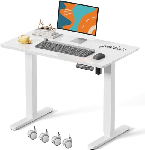 JOY worker Kleiner Glas-Steh-Schreibtisch, 88,9 x 50,8 cm, elektrisch, ganzteilig, höhenverstellbar, mit 4 feststellbaren Rollen, mobiler weißer Sitz-Steh-Arbeitsplatz für Heimbüro