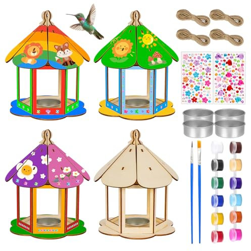 Maison D'oiseau Activite Manuelle, 4 Pièces Maison D'oiseau en Bois Bricolage Kit, Loisir Artisanat Cadeau Créatif d'anniversaire pour Enfants, Kit de Maison D'oiseau Peindre Jouet Filles Garçons