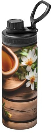 Hervidor de agua aislado deportivo con diseño de flor verde azulado sobre tablón de madera, botella de agua de acero inoxidable, taza portátil para gimnasio