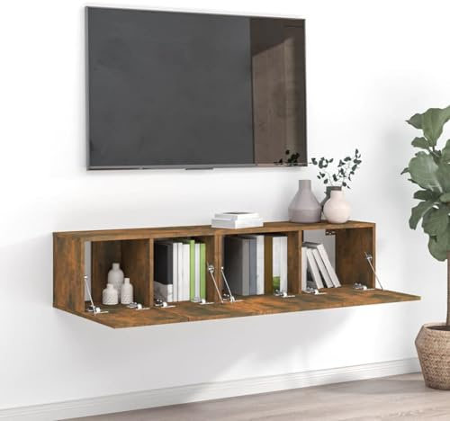 Gecheer Lot de 2 meubles pour TV suspendus avec étagère murale modulaire pour salon, chambre, décoration et divertissement, chêne fumé