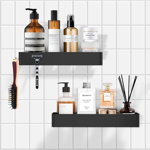 hautllaif 2 Stück Duschablage Ohne Bohren mit 2 Klebeflächen und 4 Häkchen, Badezimmer Organizer, Matt Edelstahl Shampoo Halterung für Dusche, Duschkorb zum Hängen (Schwarz)