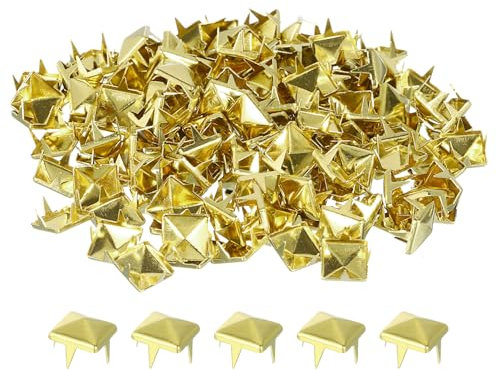 QUARKZMAN 80 Stück Quadratische Pyramiden-Nieten, 8mm Vier-Klauen-Stollen-Spikes, Kupfer Punk Rock Nagelkopf-Spots für Kleidung Tasche Leder Schuhe (Gold)