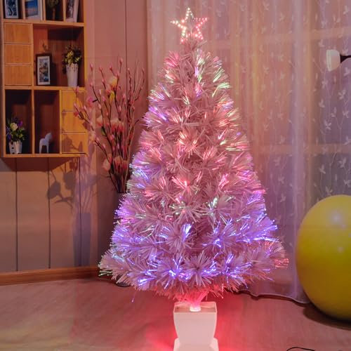 3ft Pink Fiber Optic Christmas Tree,Pre-Lit Artificial Mini Christmas Tree, Tabletop Small Xmas tree with Stars Holiday Home Decorations (3ft, Green)