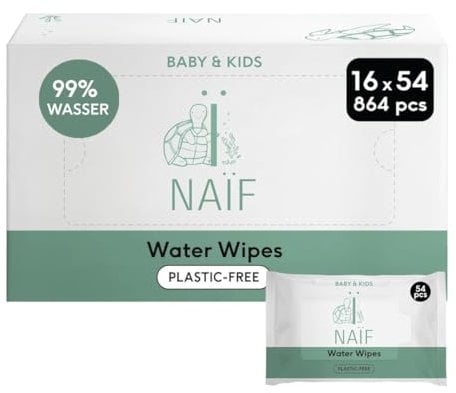 Naïf lingettes humides sans plastique 864 pièces (16 x 54 lingettes humides) - soin des fesses, du corps et du visage de bébé - 99% d'eau - 0% de parfum et d'alcool