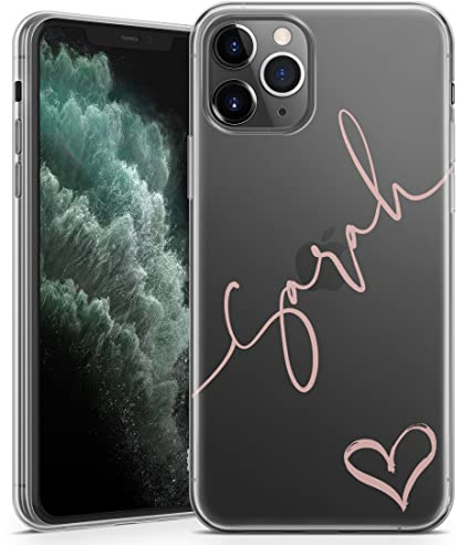 TULLUN Personalised Phone Case for iPhone 16 Pro Max - Clear Soft Gel TPU Custom Cover Hearts Design Individual Style Initials Text - Rose Gold Diagonal Name
