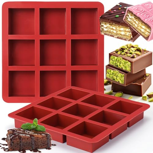 VICDUEKG Schokoladenform Silikon Tief, 2 Stück Dubai Schokolade Form Silikonform Extra Tief Schokoladentafel Form 9 Mulden Mini Brownie Backform für Schokolade Praline Cornbrot Käsekuchen (Ziegelrot)
