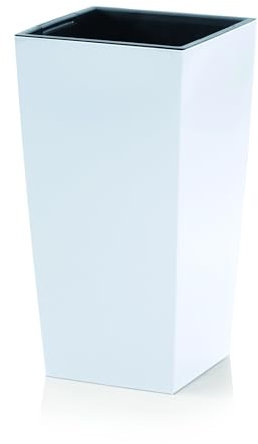 Pot de fleurs, 29 x 29 x 55 cm, au design moderne, avec récipient intérieur pour économiser de la terre, en plastique, pour des arrangements végétaux élégants, blanc