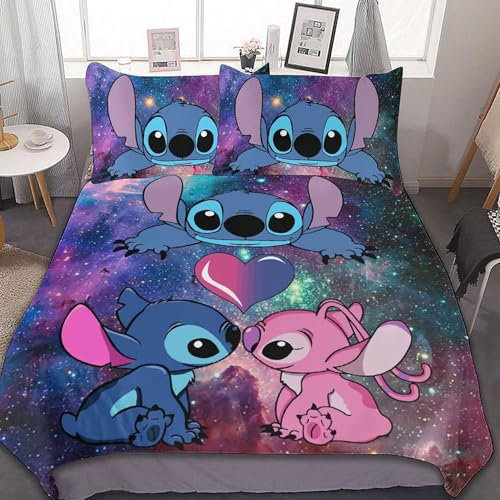 Sti-tch Kinderbettwäsche Set, 1 Bettwäsche 135x200 + 2 Kissenbezug 75×50, 3D Anime Cartoon Drucken Kinderbettwäsche, für Jungen & Mädchen, Jugendliche Bettwäsche, Li-lo und Sti-tch Geschenke (Stitch)