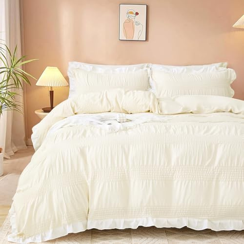 Guchuang Bedding Duvet Cover Set King Size Cream White Ruffled Seersucker | 3-Piece Soft Microfiber Bedding Set Wrinkle-Resistant Lightweight with Hidden Zipper 220x230cm