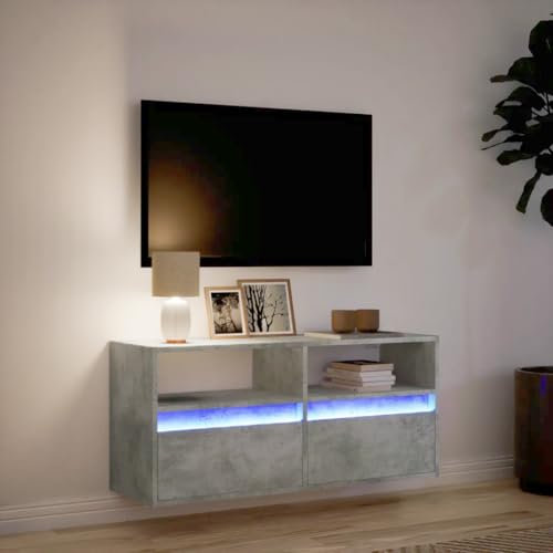 Canditree 100 cm Floating TV Cabinet with LED Lights, Floating TV Stand with 2 Drawers, Floating TV Shelf Wall Mounted Entertainment Center (Concrete Grey)