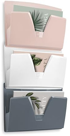 CEP Lot de 3 corbeilles murales Rose poudré - Gris orage - Blanc Mineral Présentoir Rangement bureau documents format 24x32cm Organiseur dossiers
