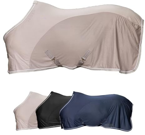 Covalliero - Fliegendecke – Pferdedecke zum Schutz vor Insekten – Decke mit abnehmbaren Kreuzgurten & Schweiflatz – atmungsaktive Weide-, Transport- & Stalldecke – Beige – Größe 155cm