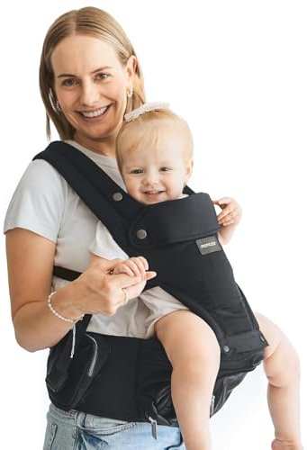 Momcozy Babytrage mit Hüftkissen, 2-in-1 Verstellbare & Abnehmbare Babytrage bis 20kg, Atmungsaktive Tragehilfe mit Lendenstütze für Eltern, Für Neugeborene & Kleinkinder, Schwarz