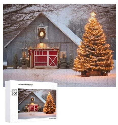 1000 Pieces Puzzles for Adults - Christmas Tree in Front of Barn Wooden Jigsaw Puzzle - Perfect Interlocking Clear Printing - Adults Educational Puzzle