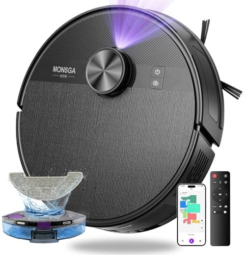 MONSGA Saugroboter mit Wischfunktion,5000Pa Saugkraft,180Min Laufzeit,Anti-Tangle-System,LiDAR Navigation, Staubsauger Roboter für Teppich, Tierhaare, APP & Fernbedienung Steuerung (Schwarz)