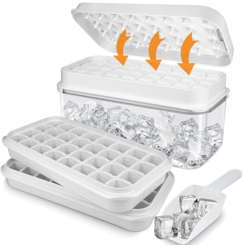 Silikon Eiswürfelform mit Deckel und Behälter, 64 Stück Ice Cube Tray BPA-frei, Lebensmittelecht, Auslaufsicher, Stapelbar, Eiswürfel für Cocktails, Whisky, Kaffee, Smoothies, Tee (Weiß)