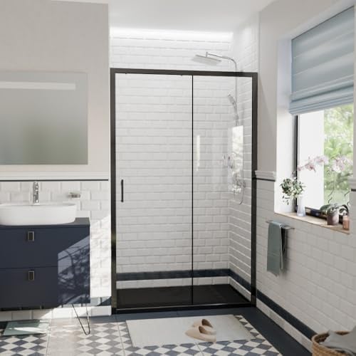 CERAMIA Pura Porte de Douche 120x195 cm Coulissante | Verre trempé 6 mm anticalcaire | Profiles Noir Mat | Installation facile