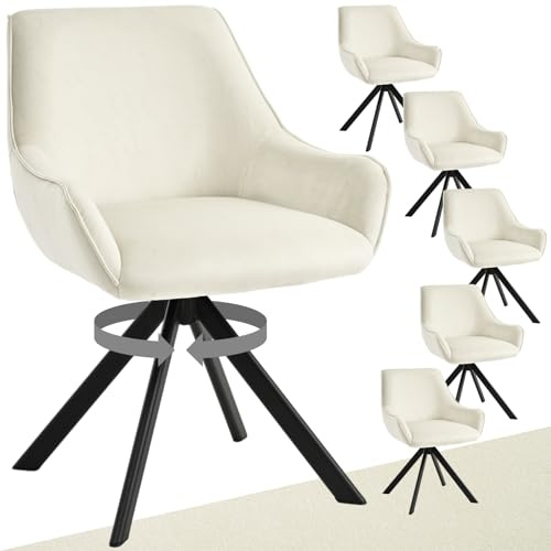 Goeurvant Esszimmerstühle Drehbar 6er Set mit Armlehne – 360°Drehbar Polsterstuhl Samt Modern Drehstuhl Küchenstuhl mit Metallgestell und Rückenlehne für Esszimmer, Wohnzimmer, Büro, Cremeweiß