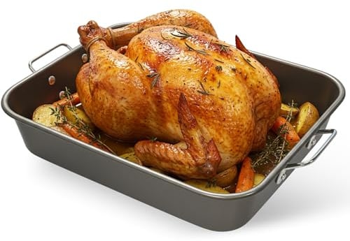 Bandeja para el Horno, Rustidera de Horno Universal, Bandeja de Horno Universal, bandeja para Asar, Antiadherente y libre de PFOA, Apto para temperatura máxima 260 ºC, Asas abatibles, 28 x 21 x 5 cm