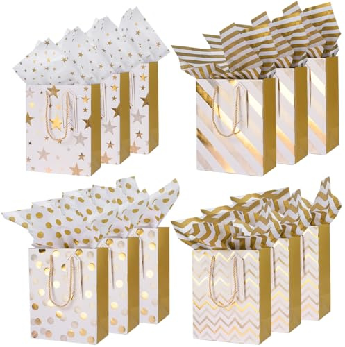 Papier-Geschenktüten mit Seidenpapier: Mittelgroße Geschenktüten mit goldenem Muster für Weihnachten, Geburtstage, Hochzeiten und Valentinstag – 12 Stück 23,1 x 18,1 x 10,2 cm