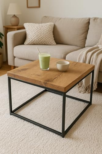Massivholz Couchtisch Eiche mit Metallgestell – Industrial Wohnzimmertisch Handgefertigt – Rustikaler Holztisch, Eichenplatte mit Ästen & Rissen, Hochwertige Verarbeitung, Made in Germany