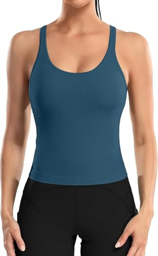 ATTRACO Women Workout Tank Top with Built-in Bra Sleeveless Gym Top Seamless Navy M
