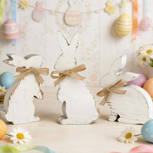 Osterdeko Holz Osterhase Deko Aufsteller, 3er Set Holzhasen Deko Ostern Innen, Osterhasen aus Holz, Dekohasen Ostern Tischdeko, Osterhasen Figuren, Holzhase Osterdeko Tisch Landhausstil Shabby (A)