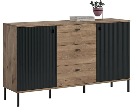 xonox.home – Sideboard Chess 154x89x41 cm in Schwarz Tiefzieh und Nox Oak Nachbildung – Kommode mit 2 Türen & 3 Schubkästen – Vielseitiger Stauraum für Geschirr oder Unterlagen im modernen Design