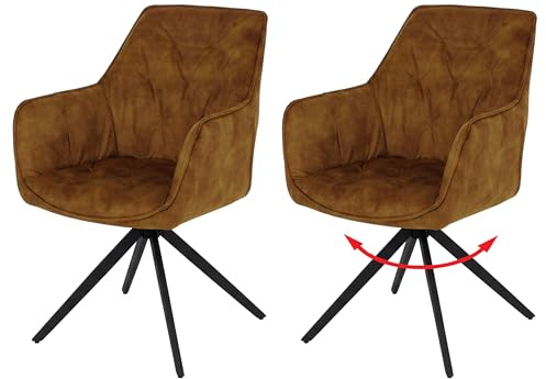 Mendler 2er-Set Esszimmerstuhl HWC-L80, Küchenstuhl Armlehne drehbar Auto-Return Samt 440g/m² - Wildleder-Optik senfgelb