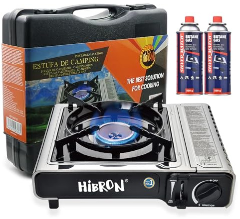 HIBRON Hornillo de Camping Portátil con Maletín – Compacto y Ligero, Compatible con Cartuchos de Gas EN17476/UL147B + 2 Cartuchos Incluidos