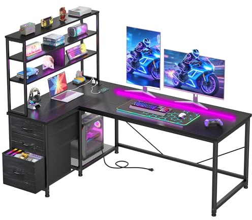 Cliporix 140cm L Shaped Gaming Desk with Spacious Storage Space, Black
