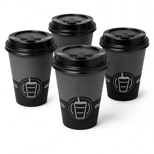 100 Bicchieri di Carta 360ml + Coperchio, Bicchieri Monouso per Caffè Americano, Cappuccino Tè, Per Bevande, Asporto in Cartoncino Resistenti, Usa e Getta per Bar, Hotel, Ufficio, Eventi, BLACK