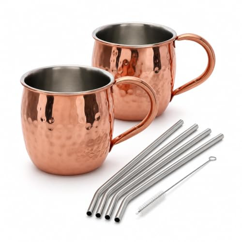 MIJOMA Moscow Mule - Set di 2 tazze con manico effetto rame, 500 ml, con cannucce