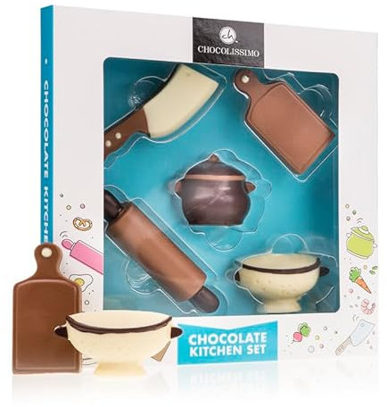 CHOCOLISSIMO – Koch Set aus Schokolade, Muttertag Geschenk Mama Schokolade, kochest aus Schokolade Muttertag – Lustige Geschenkidee für Frauen, Mama, Freundin – Handgefertigte Schokofiguren