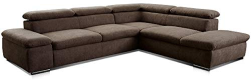 Cavadore Ecksofa Alkatraz / Modernes L-Form Schlafsofa mit Bett, Ottomane und verstellbaren Kopfteilen / Maße: 272 x 73 x 226 / Webstoff, Braun
