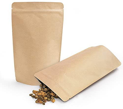 SumDirect 50Pcs 15x24cm Kraft Stand Up Bolsas para alimentos, Zip Lock Bolsas de empaque reutilizables para almacenar, galletas, té y bebidas