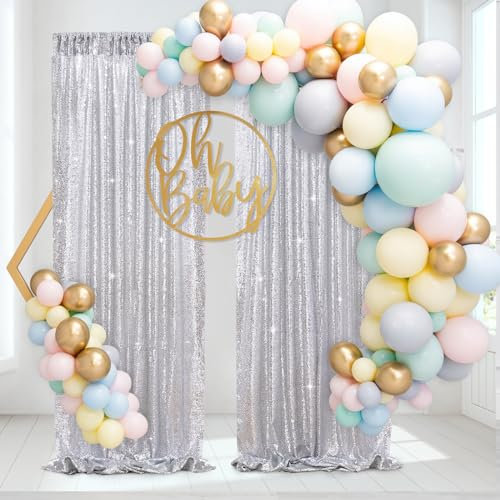 B-COOL Silberne Pailletten-Hintergrundvorhänge, 2 Paneele, 60 x 240 cm, Geburtstag, Paillettenvorhang für Hintergrund, silberne Vorhänge für Hochzeit, Party, Babyparty, Fotografie, Dekorationen